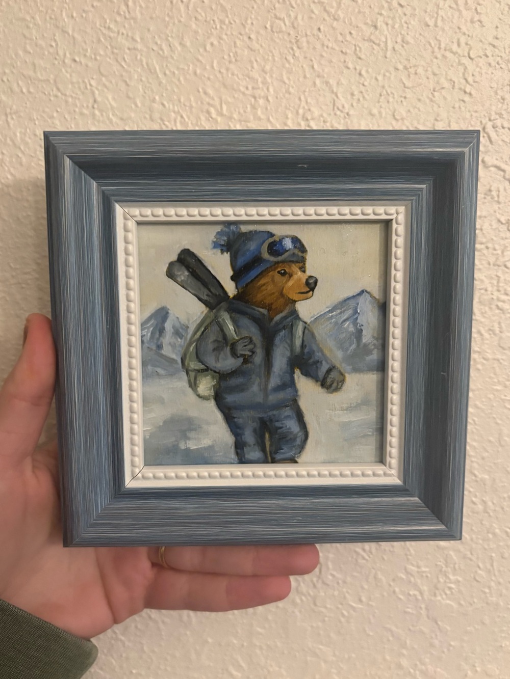 "Skiing Bear” Original oil painting on wood board mini framed 4x4"